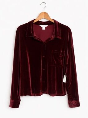 Old Navy Burgundy Velour Cropped Button Down Shirt